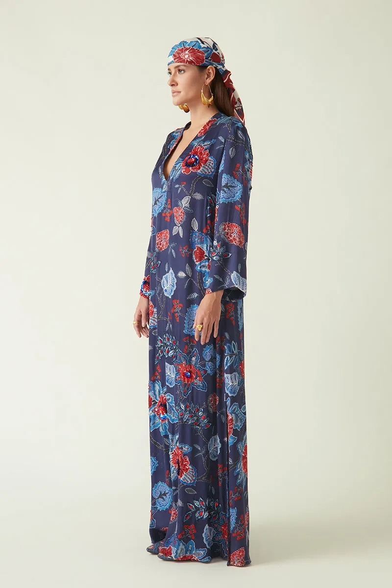 Rockefeller Holidays I  Salawai Printed Kaftan with Embellishments Satin Navy/Red Java collection 4JV-16