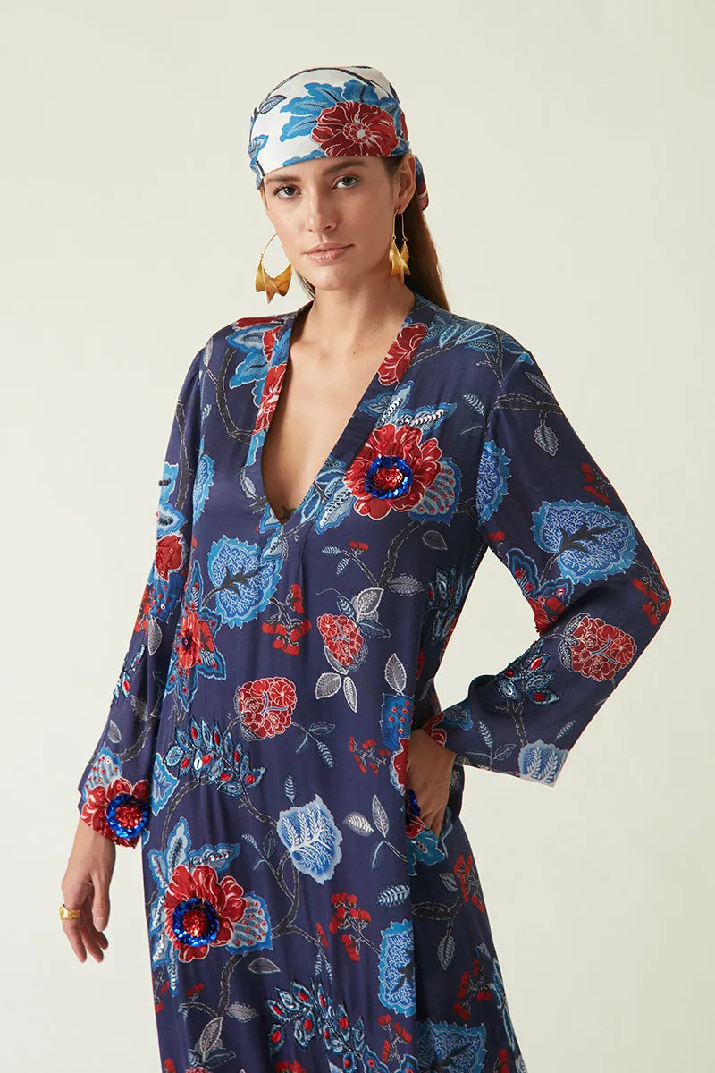 Rockefeller Holidays I  Salawai Printed Kaftan with Embellishments Satin Navy/Red Java collection 4JV-16