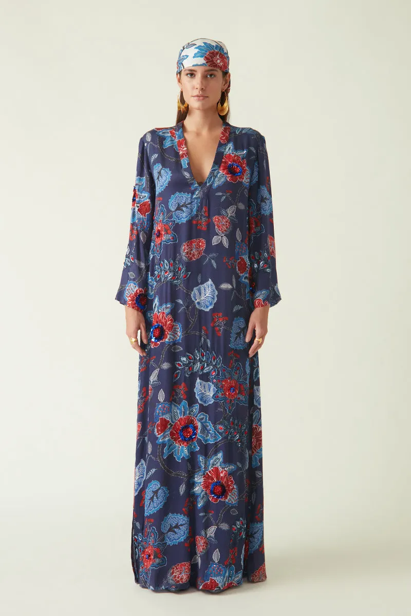 Rockefeller Holidays I  Salawai Printed Kaftan with Embellishments Satin Navy/Red Java collection 4JV-16
