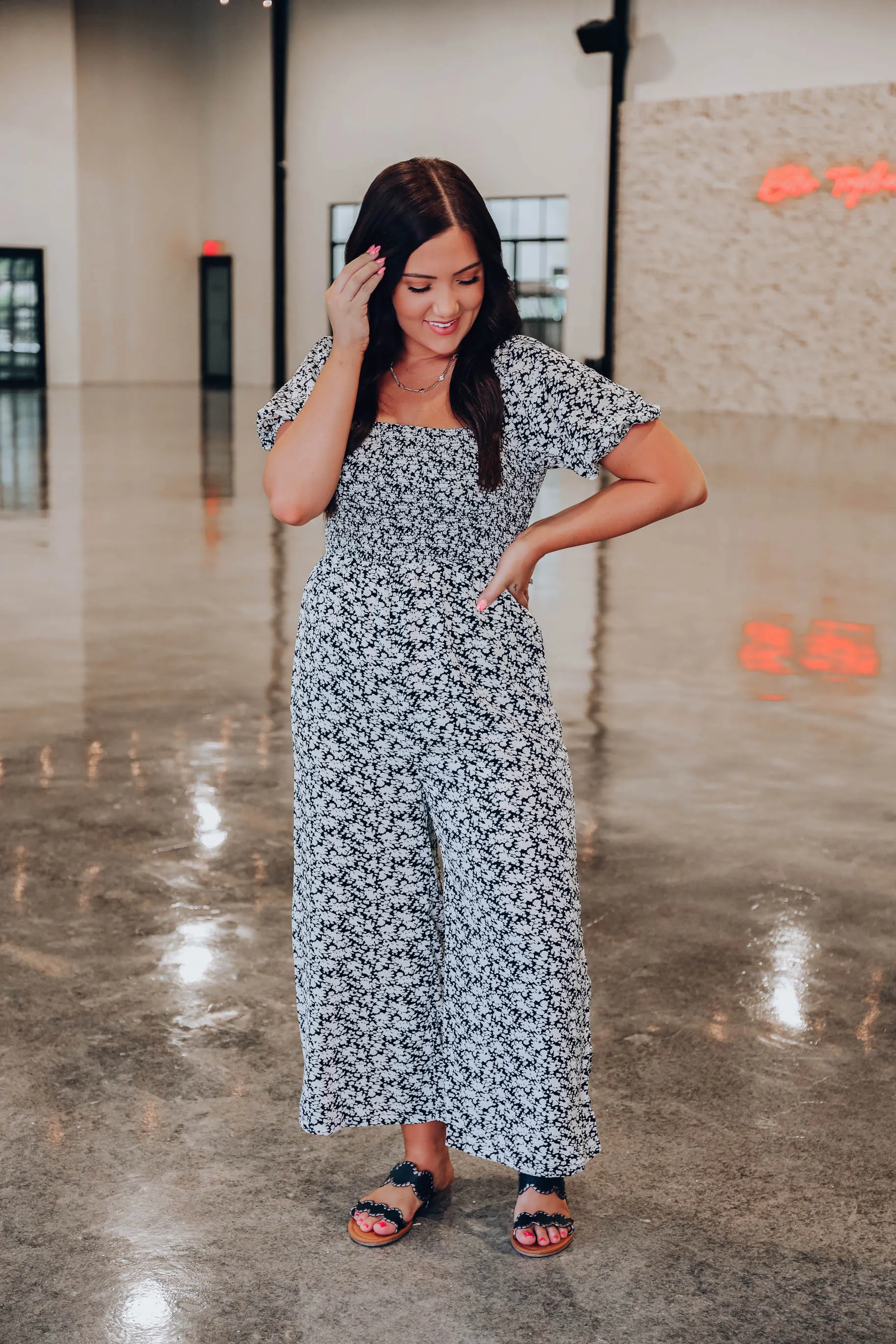Sadie Smocked Floral Jumpsuit - Black