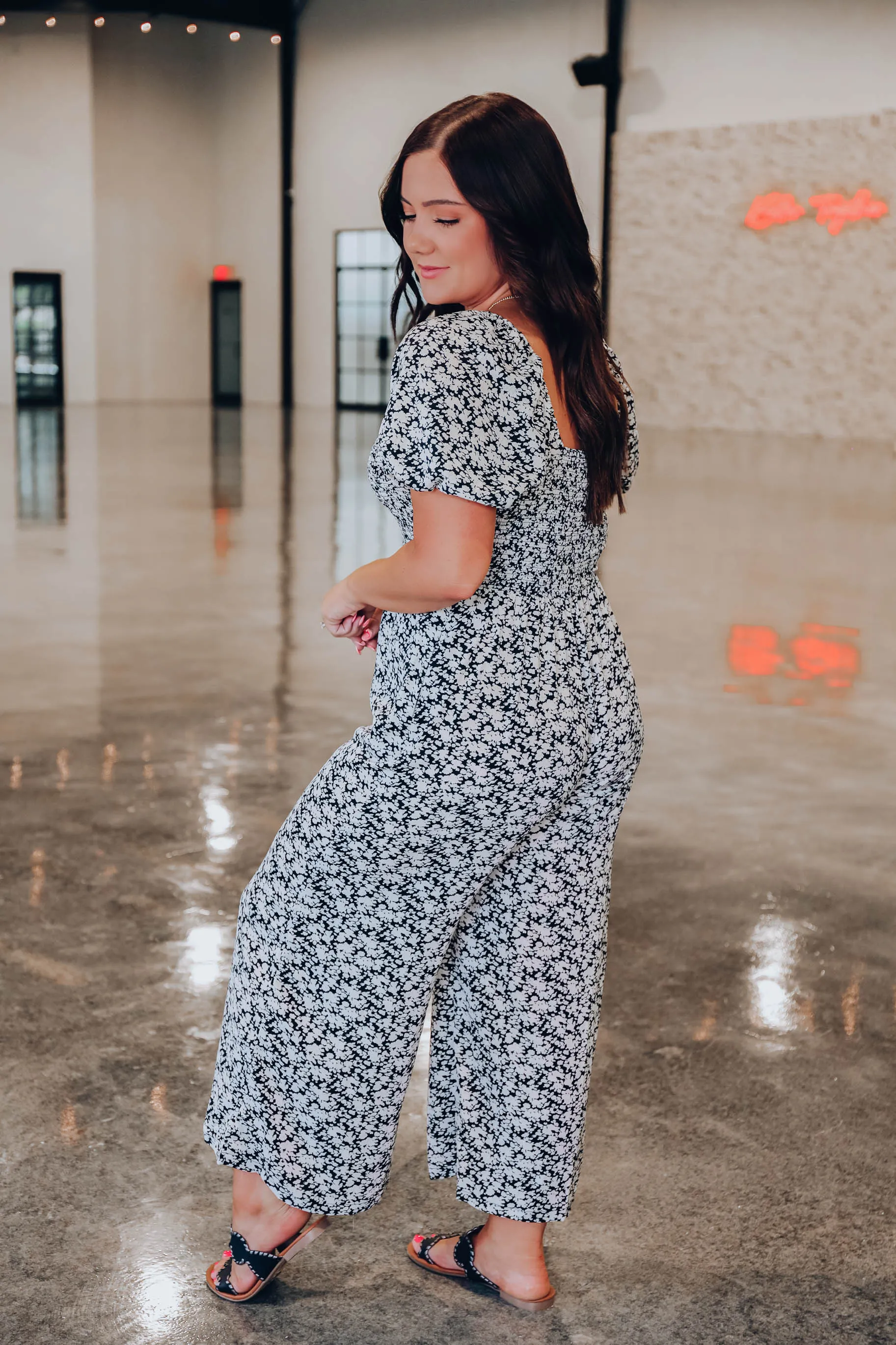 Sadie Smocked Floral Jumpsuit - Black