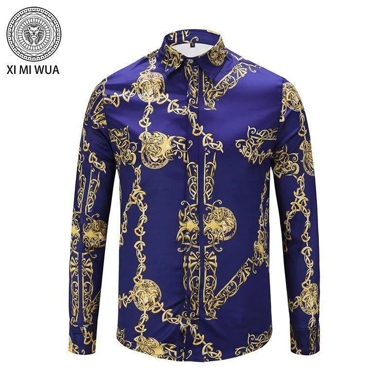 Silk Print VINTAGE Men's Style  Blue Yellow Shirts