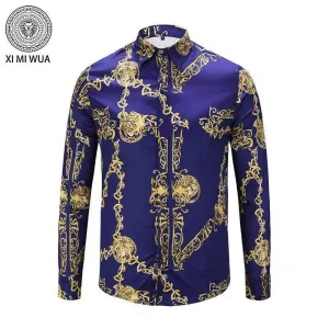 Silk Print VINTAGE Men's Style  Blue Yellow Shirts