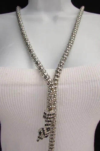 Silver Metal Black Beads 20" Long Snake Chains Necklace Belt