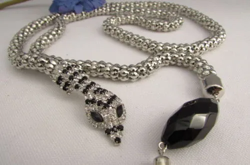 Silver Metal Black Beads 20" Long Snake Chains Necklace Belt