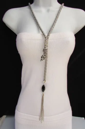 Silver Metal Black Beads 20" Long Snake Chains Necklace Belt