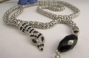 Silver Metal Black Beads 20" Long Snake Chains Necklace Belt