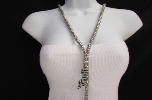 Silver Metal Black Beads 20" Long Snake Chains Necklace Belt