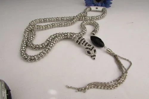 Silver Metal Black Beads 20" Long Snake Chains Necklace Belt