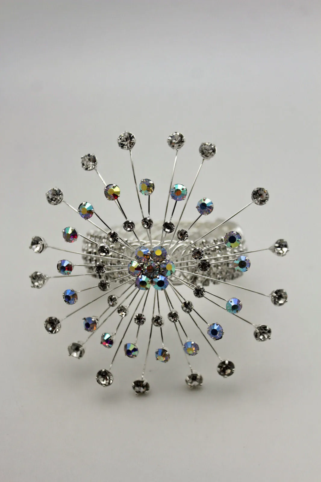 Silver Metal High Upper Arm Cuff Bracelet Rhinestones Fancy Flower