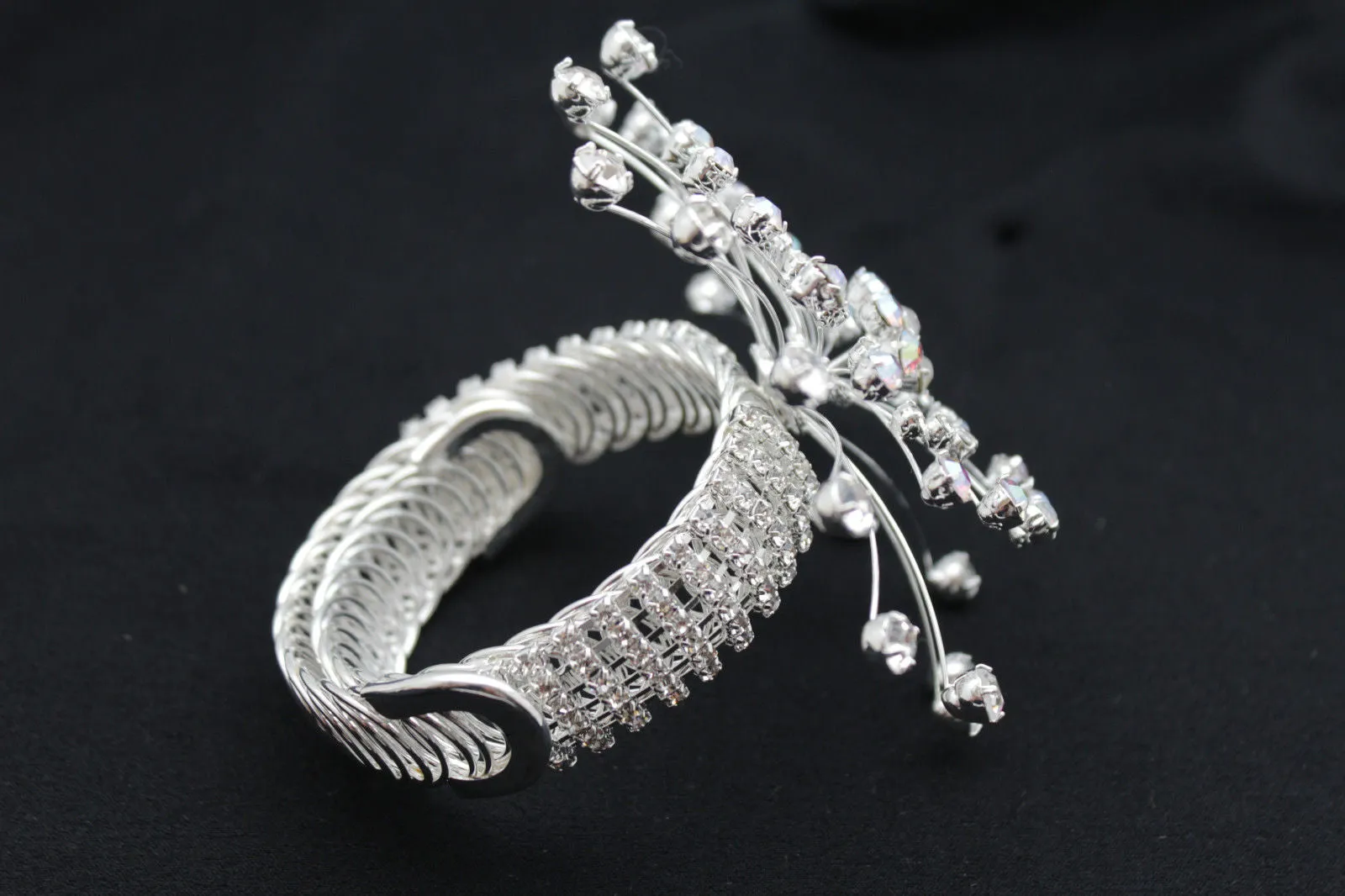 Silver Metal High Upper Arm Cuff Bracelet Rhinestones Fancy Flower