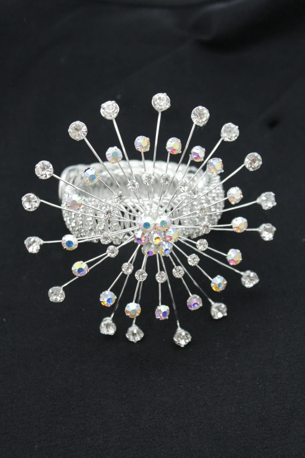 Silver Metal High Upper Arm Cuff Bracelet Rhinestones Fancy Flower