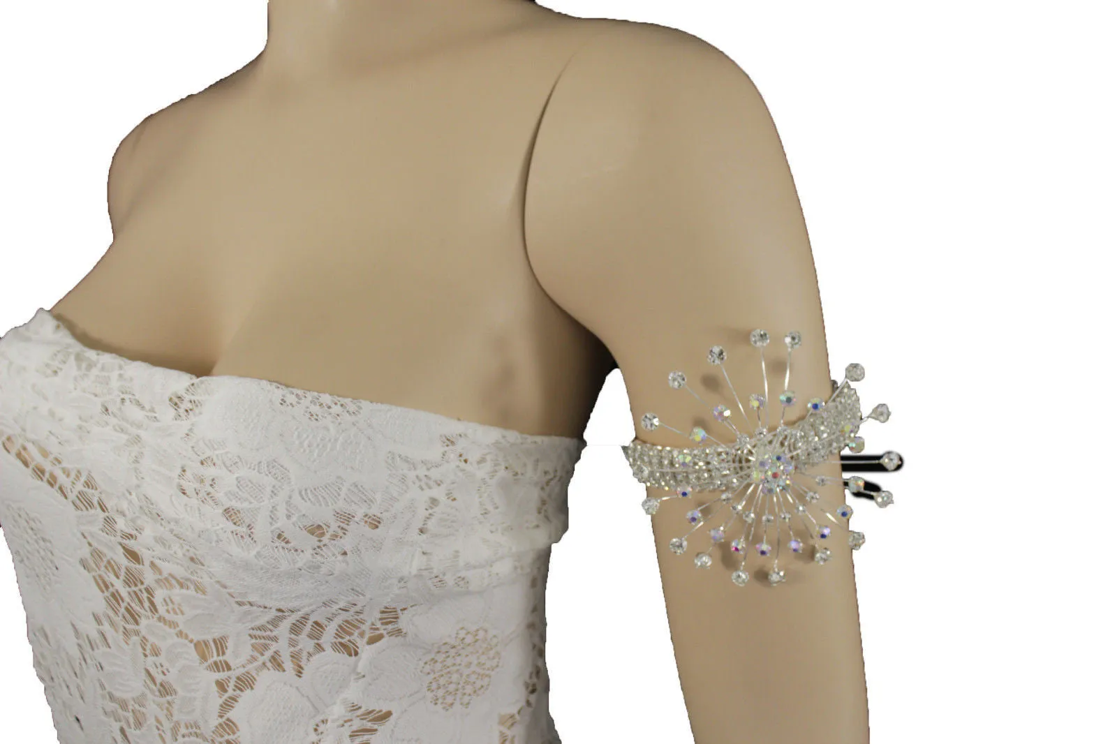 Silver Metal High Upper Arm Cuff Bracelet Rhinestones Fancy Flower