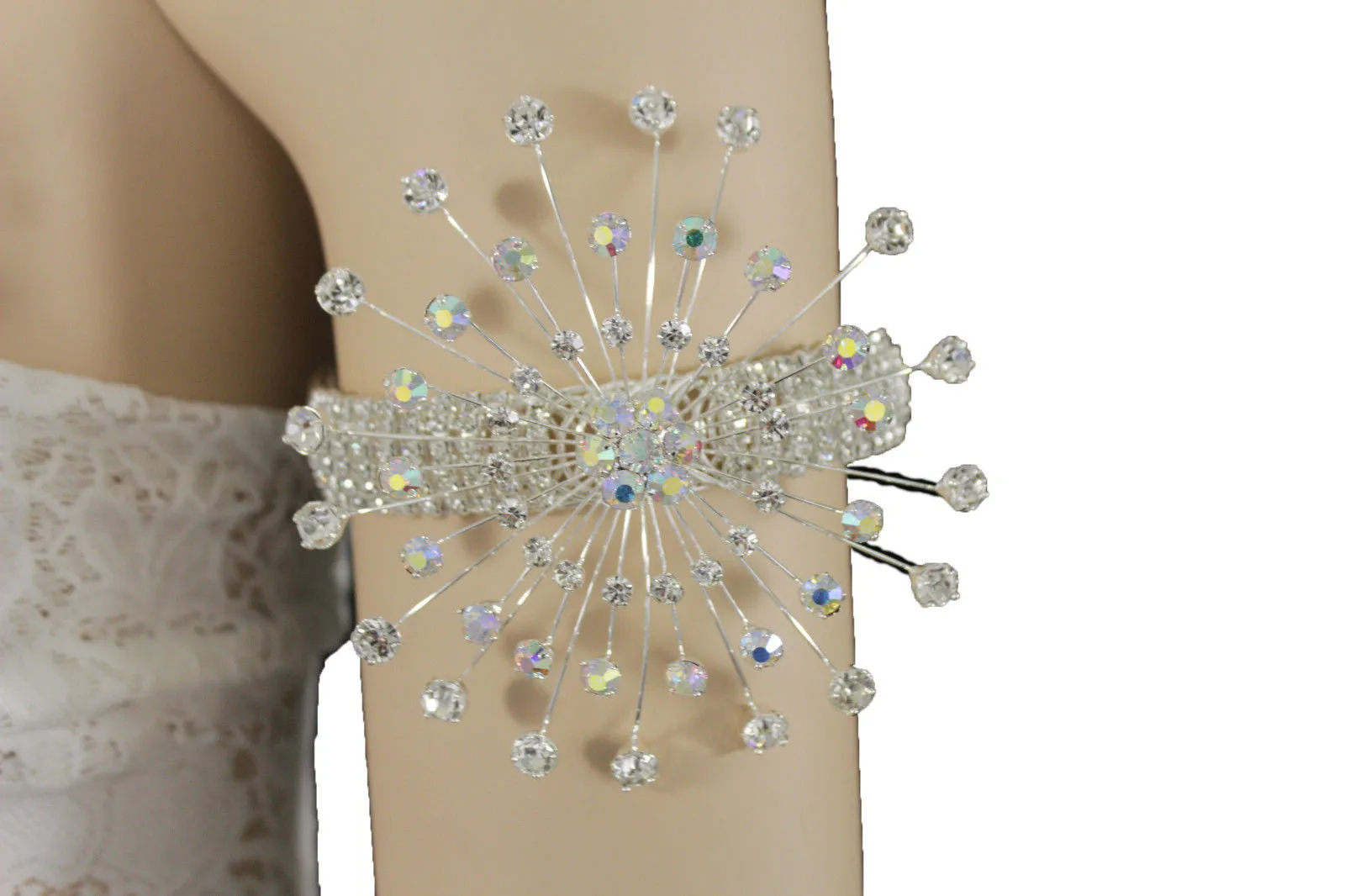 Silver Metal High Upper Arm Cuff Bracelet Rhinestones Fancy Flower