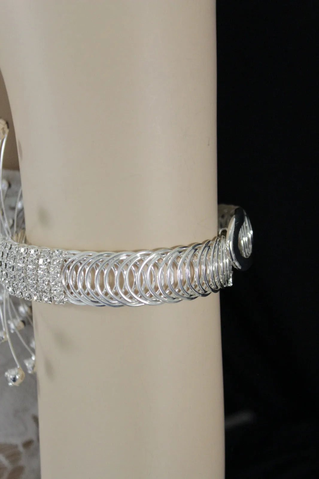 Silver Metal High Upper Arm Cuff Bracelet Rhinestones Fancy Flower