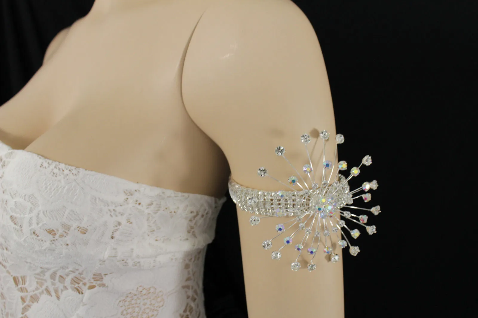 Silver Metal High Upper Arm Cuff Bracelet Rhinestones Fancy Flower