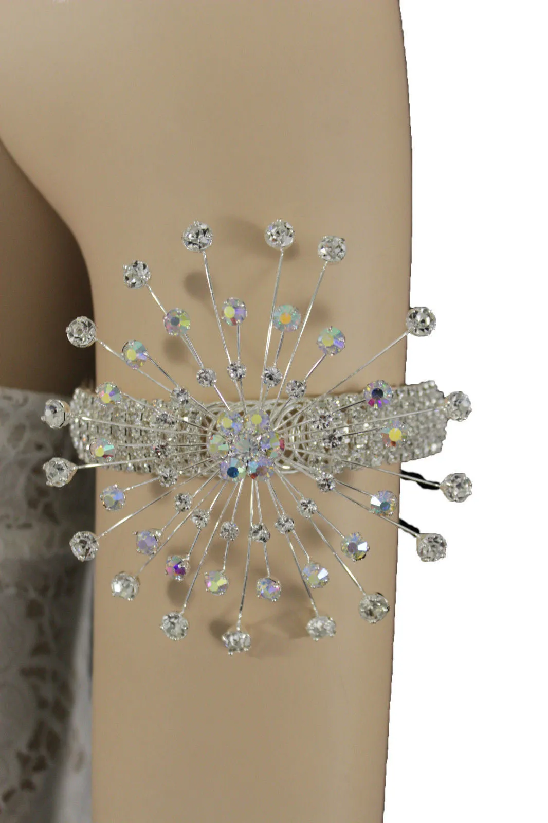 Silver Metal High Upper Arm Cuff Bracelet Rhinestones Fancy Flower