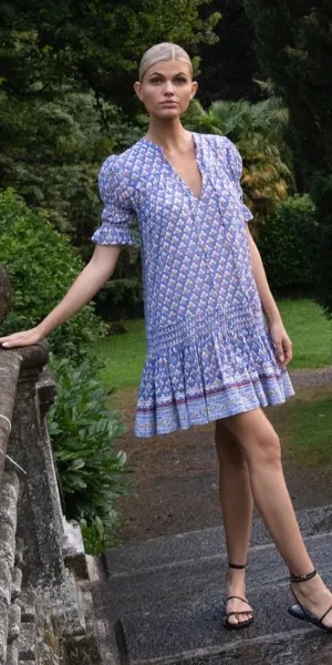 Smocked Drop Mini Dress in Clover Blue