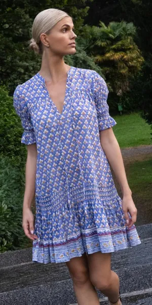 Smocked Drop Mini Dress in Clover Blue