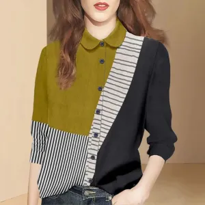 Spring and Autumn 2024 New Fashion Retro Contrast Color Printed Women's Polo Neck Stripe Long Sleeve Spliced Loose Shirts Tops
