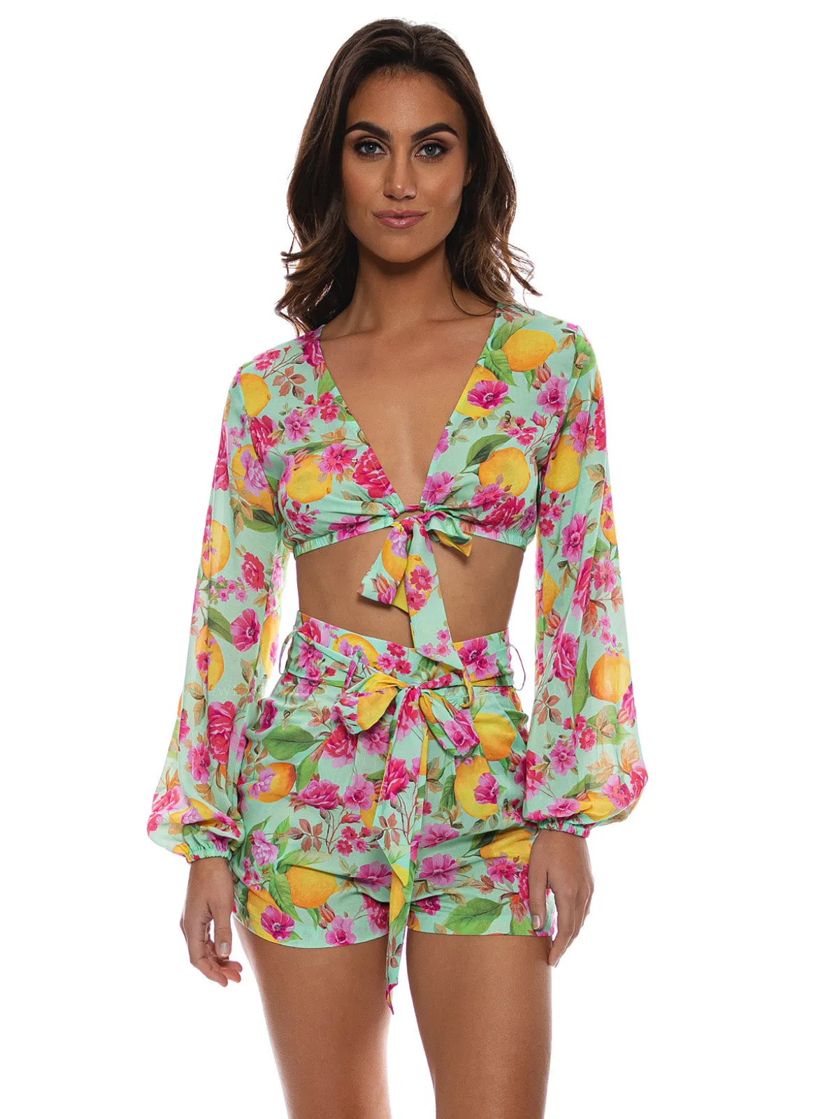 Tie Front Crop-Tie Waist Shorts Bikini ::RET