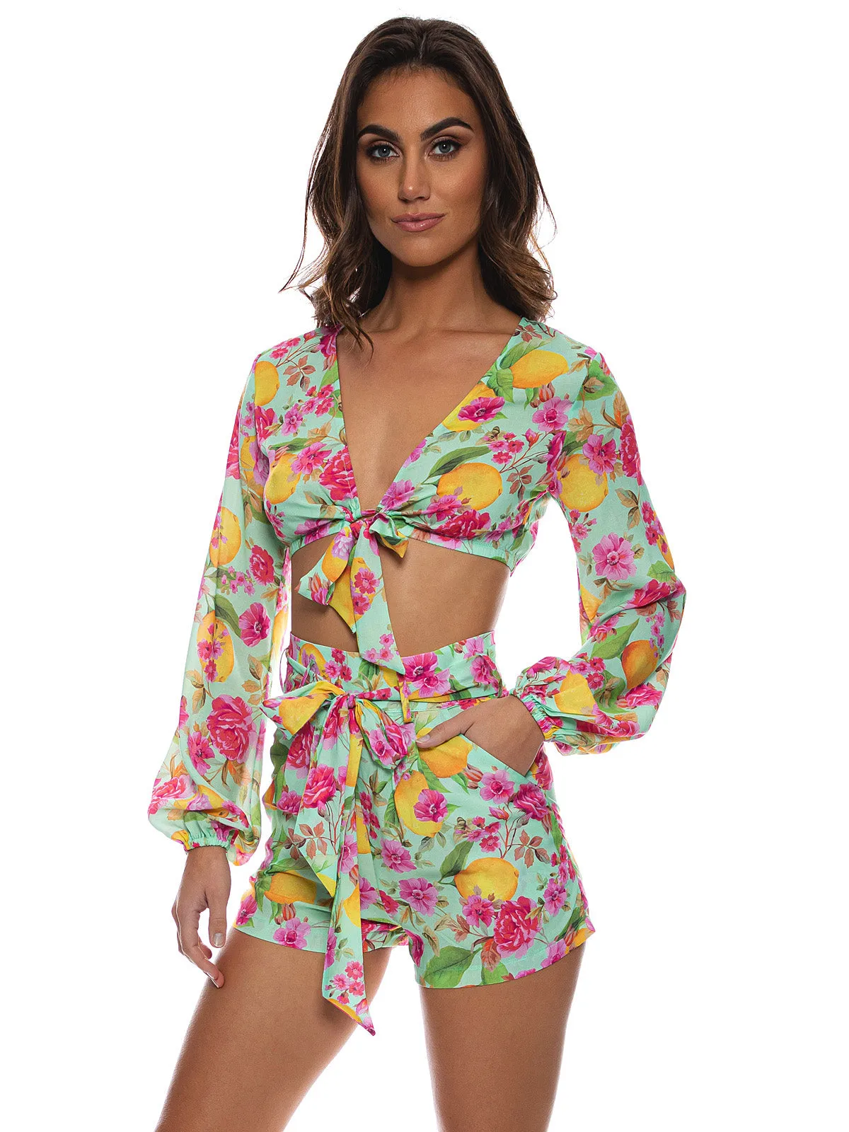Tie Front Crop-Tie Waist Shorts Bikini ::RET