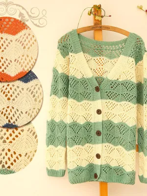v-neck pierced striped knit cardigan