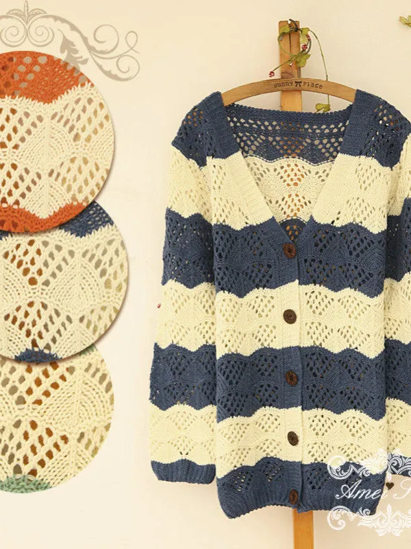 v-neck pierced striped knit cardigan