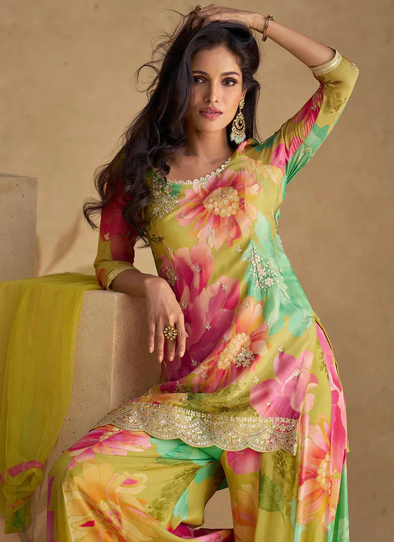 Vibrant Golden Multicolor Floral Sharara Style Suit