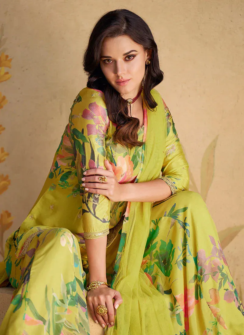 Vibrant Green Multicolor Floral Sharara Style Suit