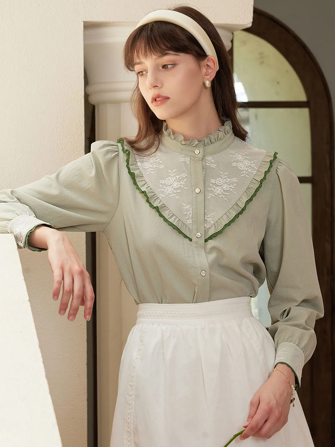 Vida Frill Trim Contrast Embroidered Blouse