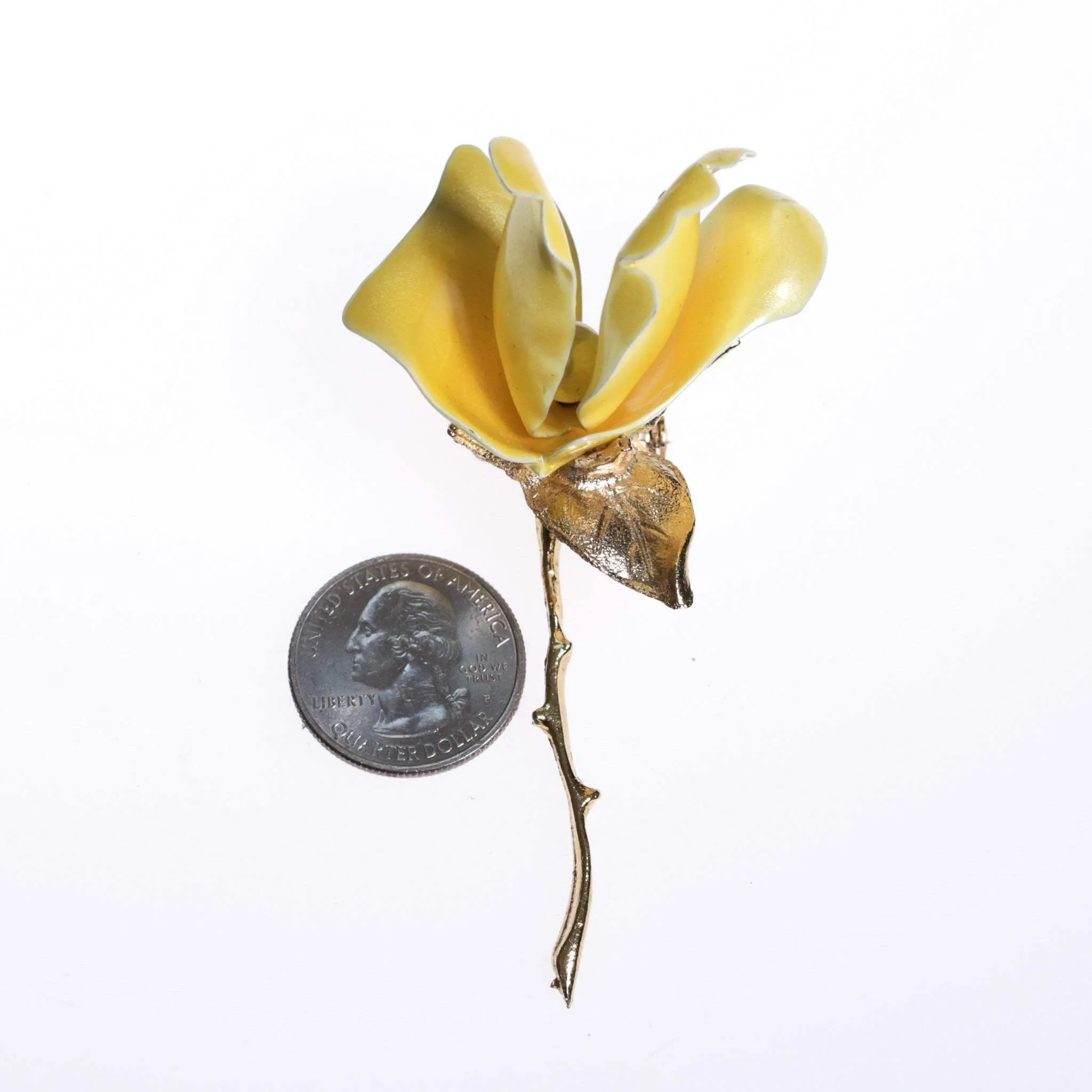 Vintage 1950s Long Stem Yellow Rose Brooch with Pearl Center