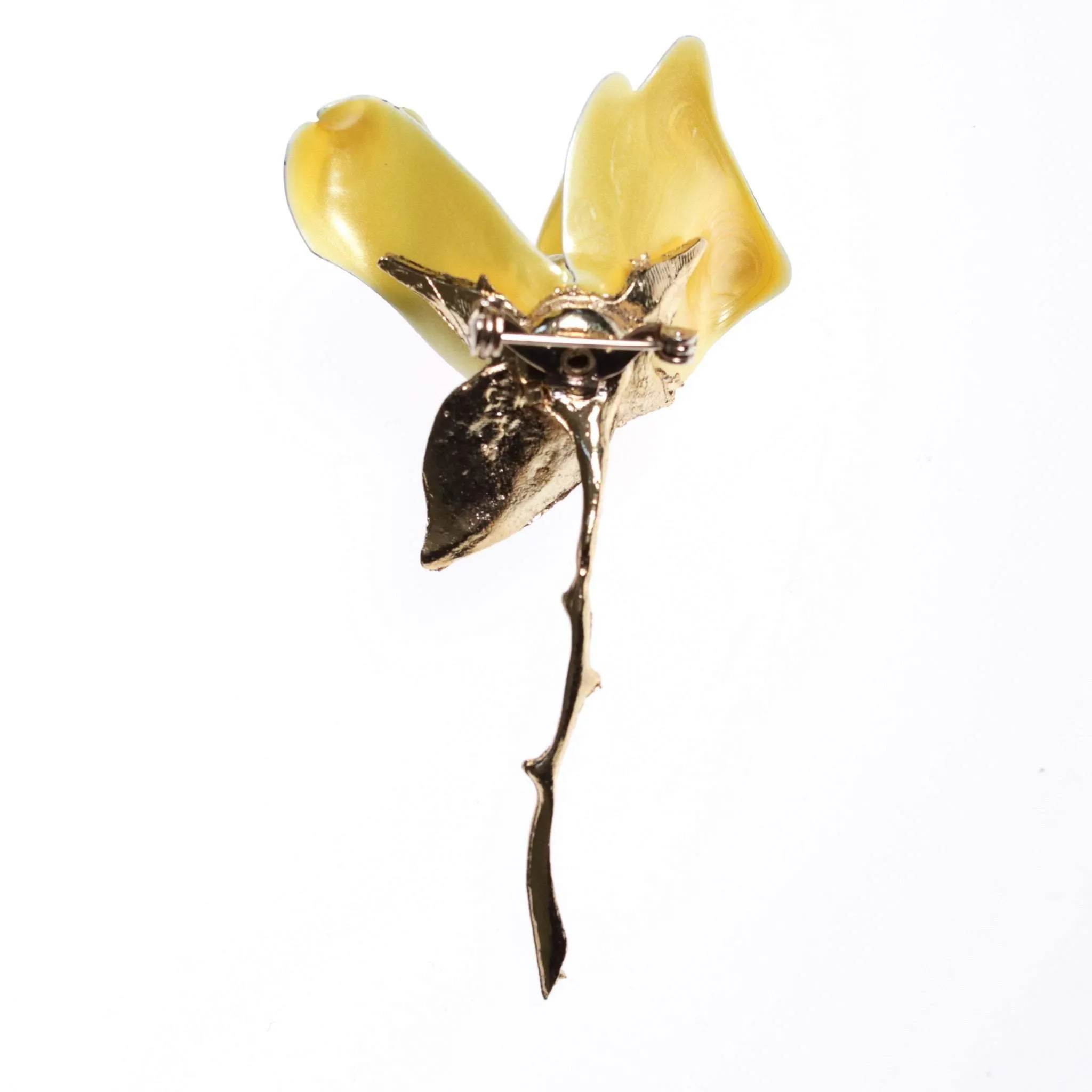 Vintage 1950s Long Stem Yellow Rose Brooch with Pearl Center