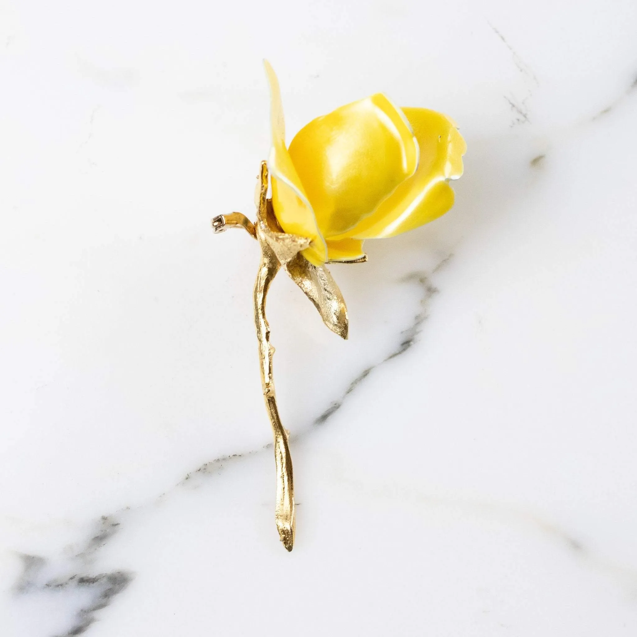 Vintage 1950s Long Stem Yellow Rose Brooch with Pearl Center