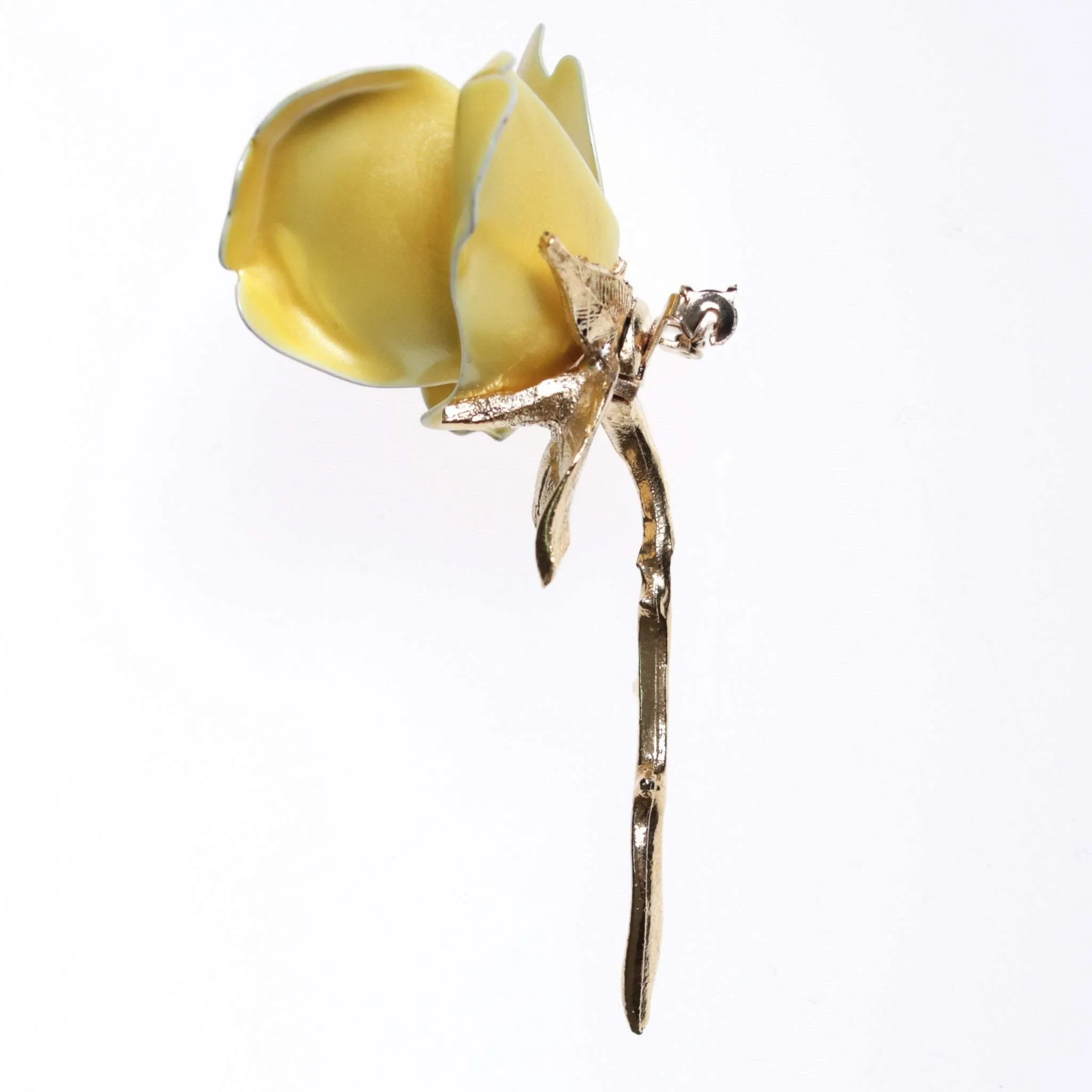Vintage 1950s Long Stem Yellow Rose Brooch with Pearl Center