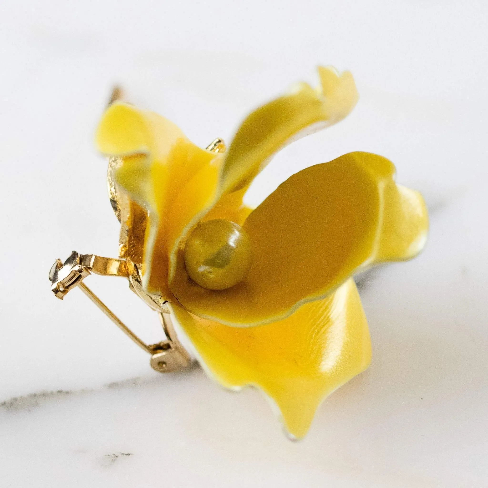 Vintage 1950s Long Stem Yellow Rose Brooch with Pearl Center