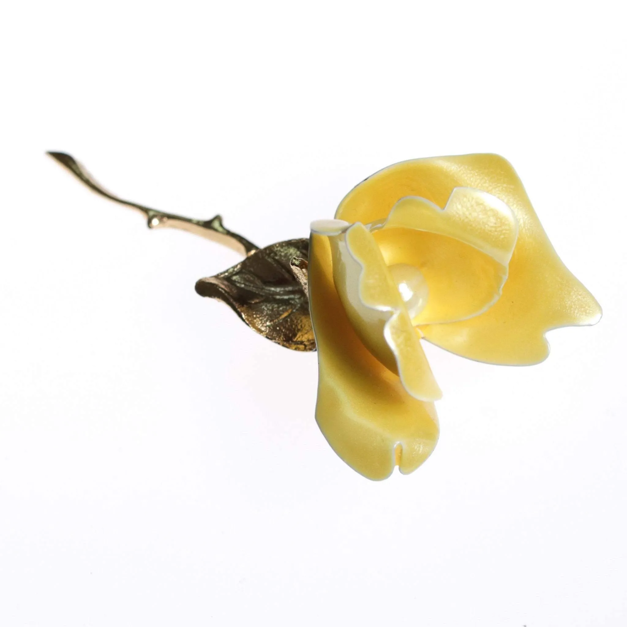 Vintage 1950s Long Stem Yellow Rose Brooch with Pearl Center