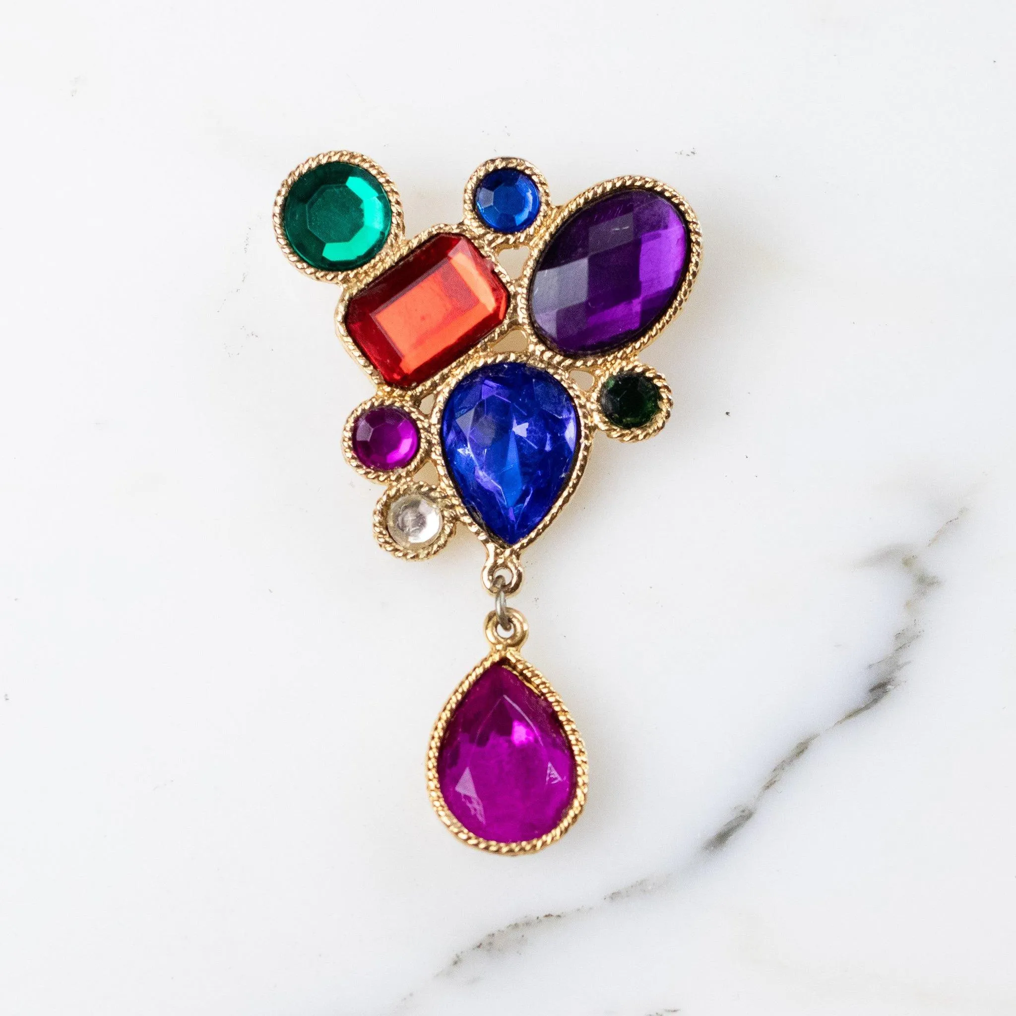 Vintage 1980s Jewel Tone Brooch Red Green Sapphire Blue Purple Rhinestones