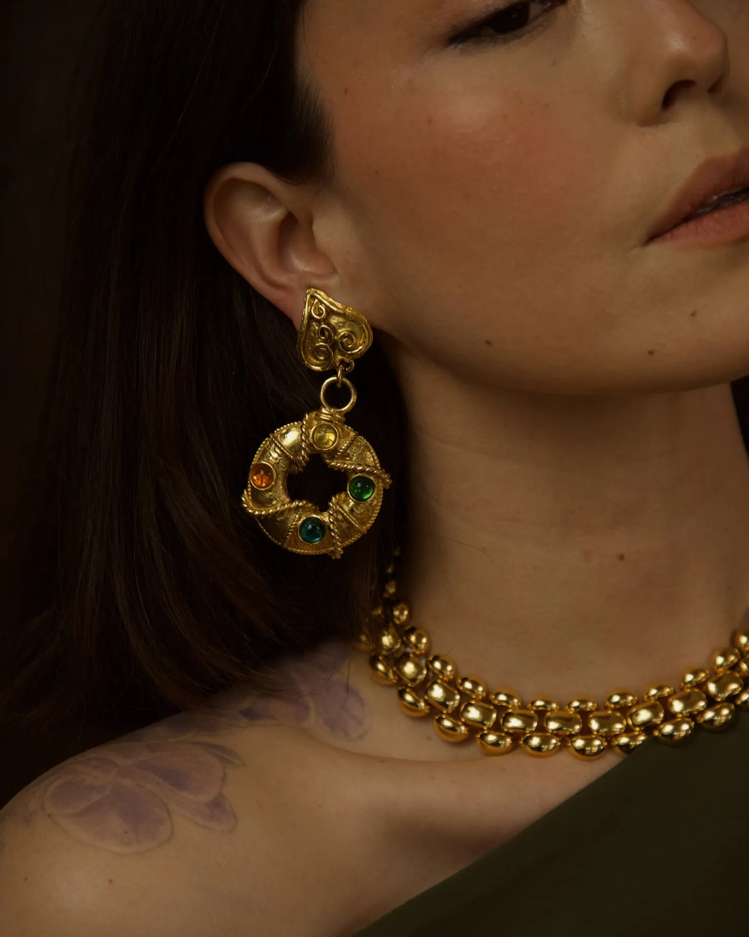Vintage Etruscan Cabochon Statement Earrings
