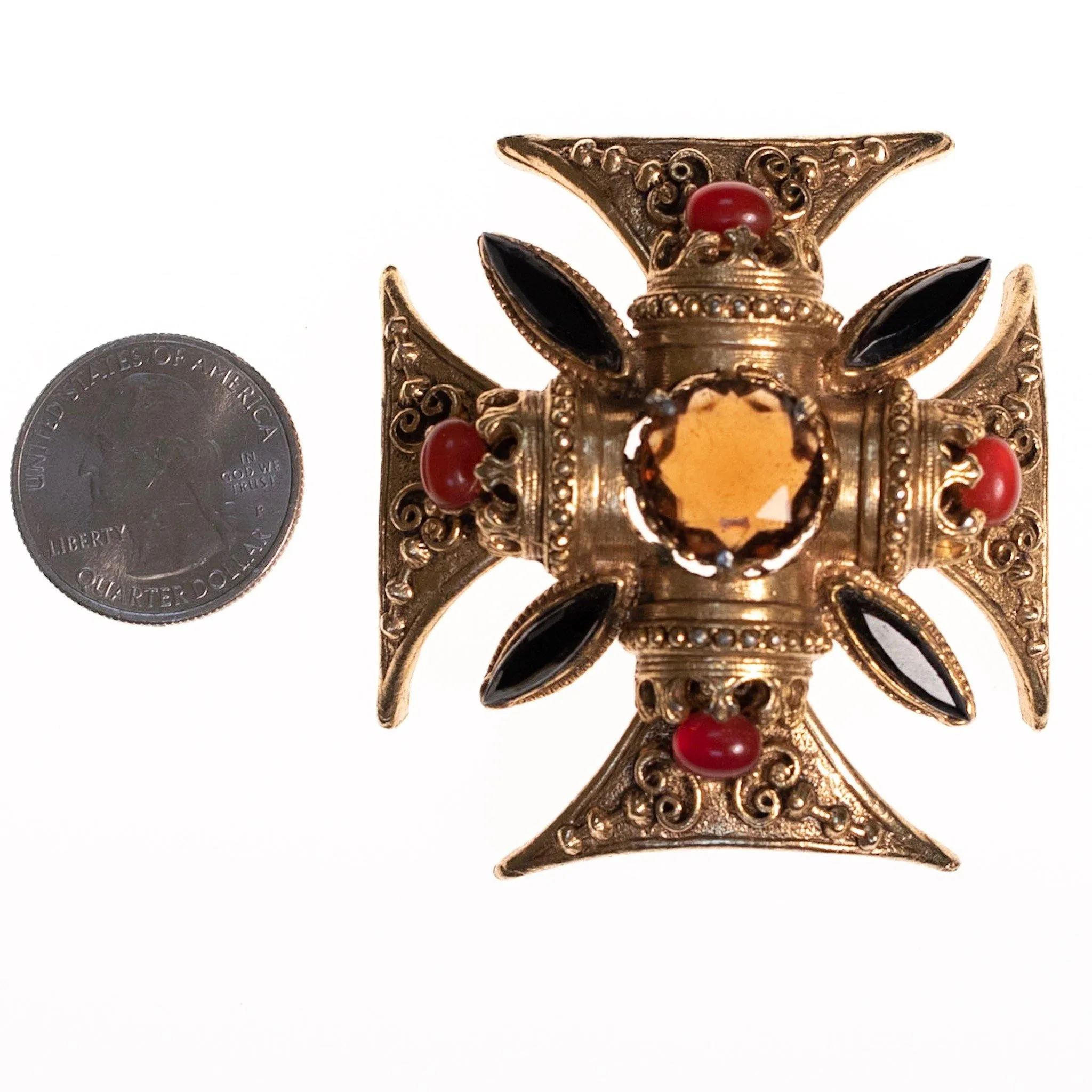Vintage Florenza Maltese Cross Brooch/Pendant with Onyx Marquise Rhinestones, Carnelian Glass Cabochons and Smokey Crystal Crystal
