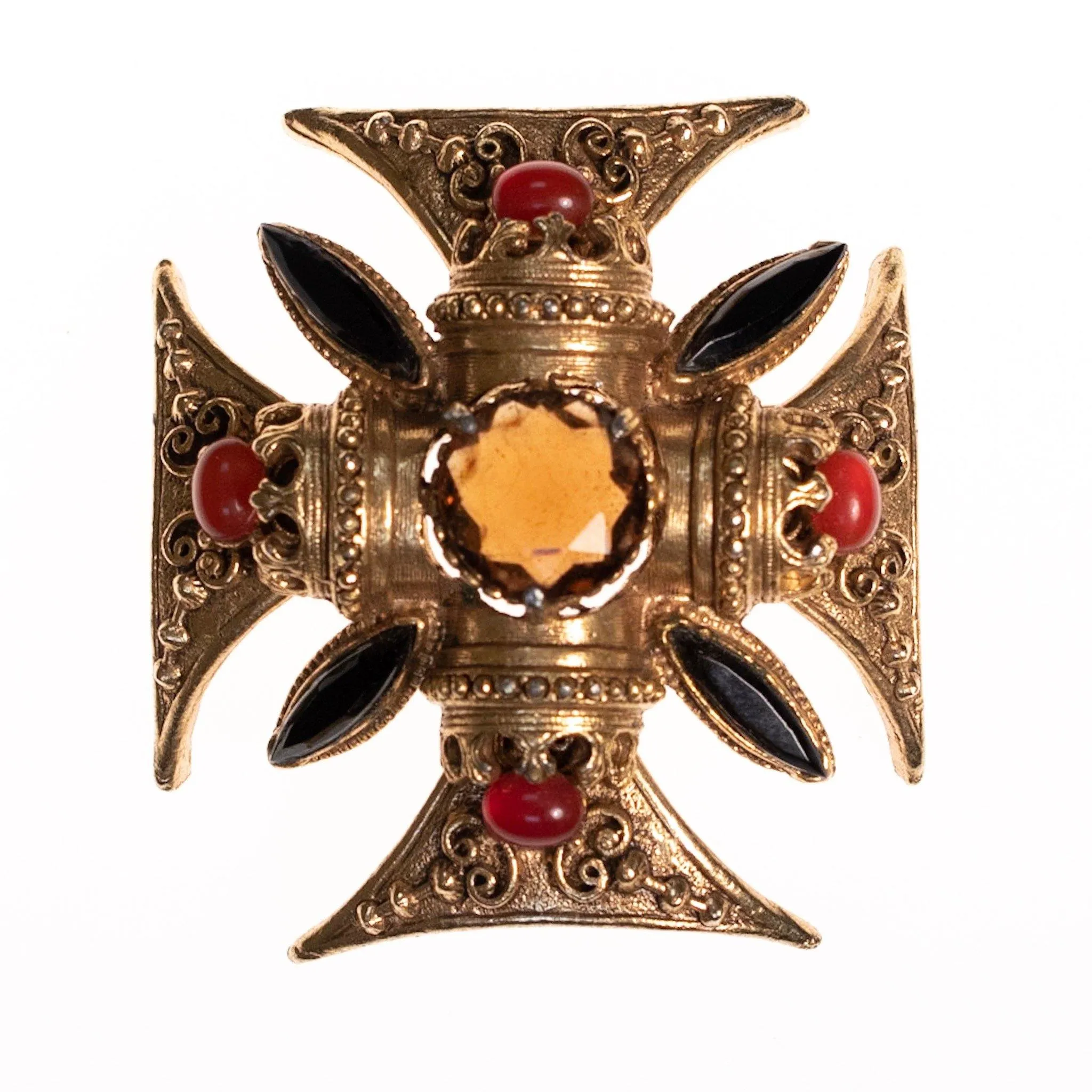 Vintage Florenza Maltese Cross Brooch/Pendant with Onyx Marquise Rhinestones, Carnelian Glass Cabochons and Smokey Crystal Crystal