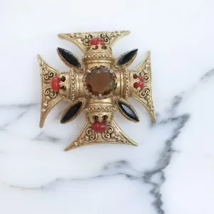 Vintage Florenza Maltese Cross Brooch/Pendant with Onyx Marquise Rhinestones, Carnelian Glass Cabochons and Smokey Crystal Crystal