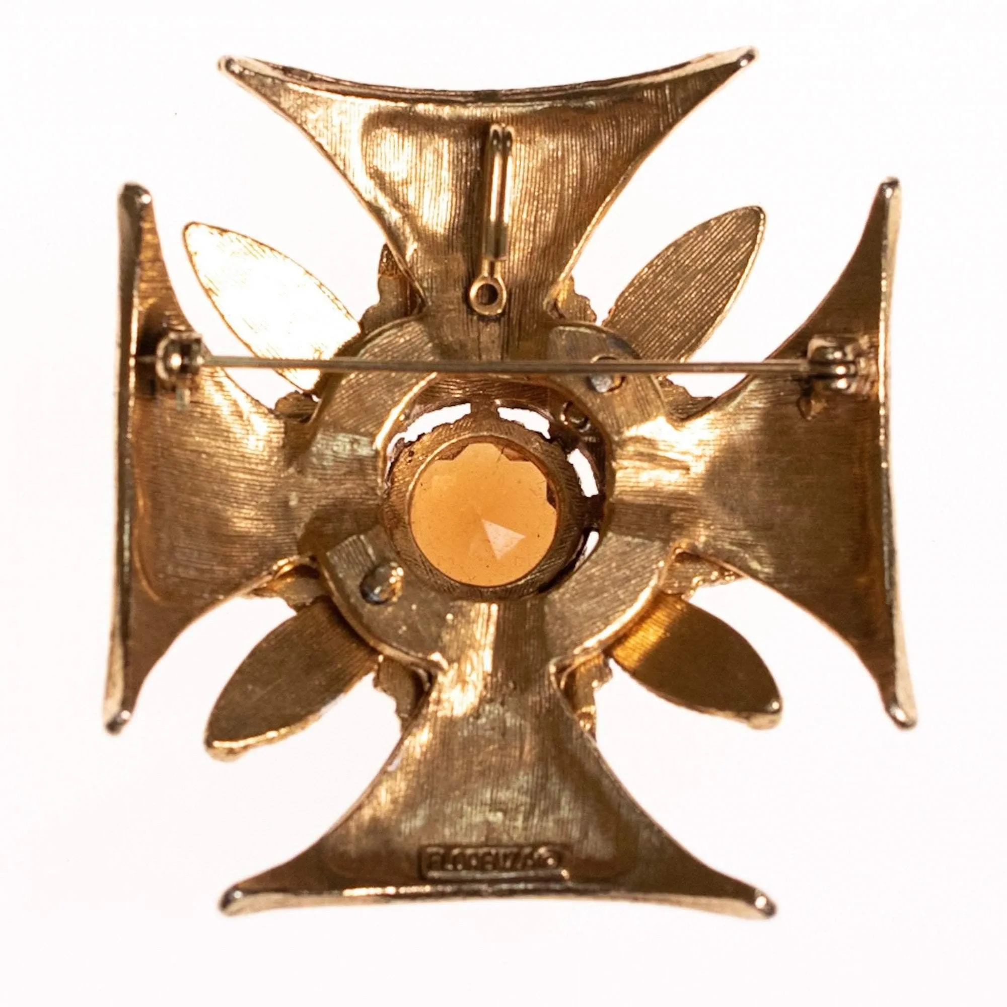 Vintage Florenza Maltese Cross Brooch/Pendant with Onyx Marquise Rhinestones, Carnelian Glass Cabochons and Smokey Crystal Crystal