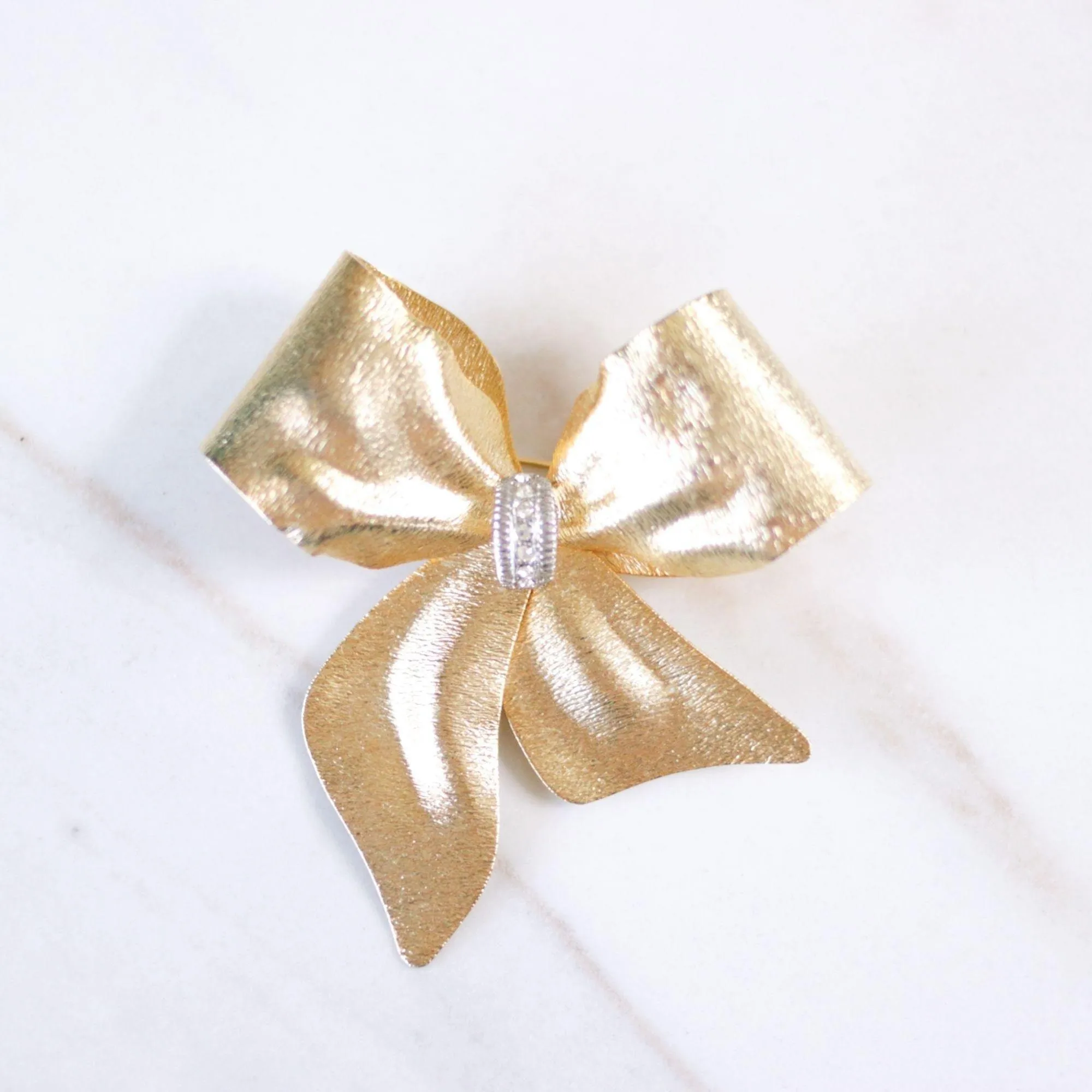 Vintage Gold Bow Brooch with Rhinestones