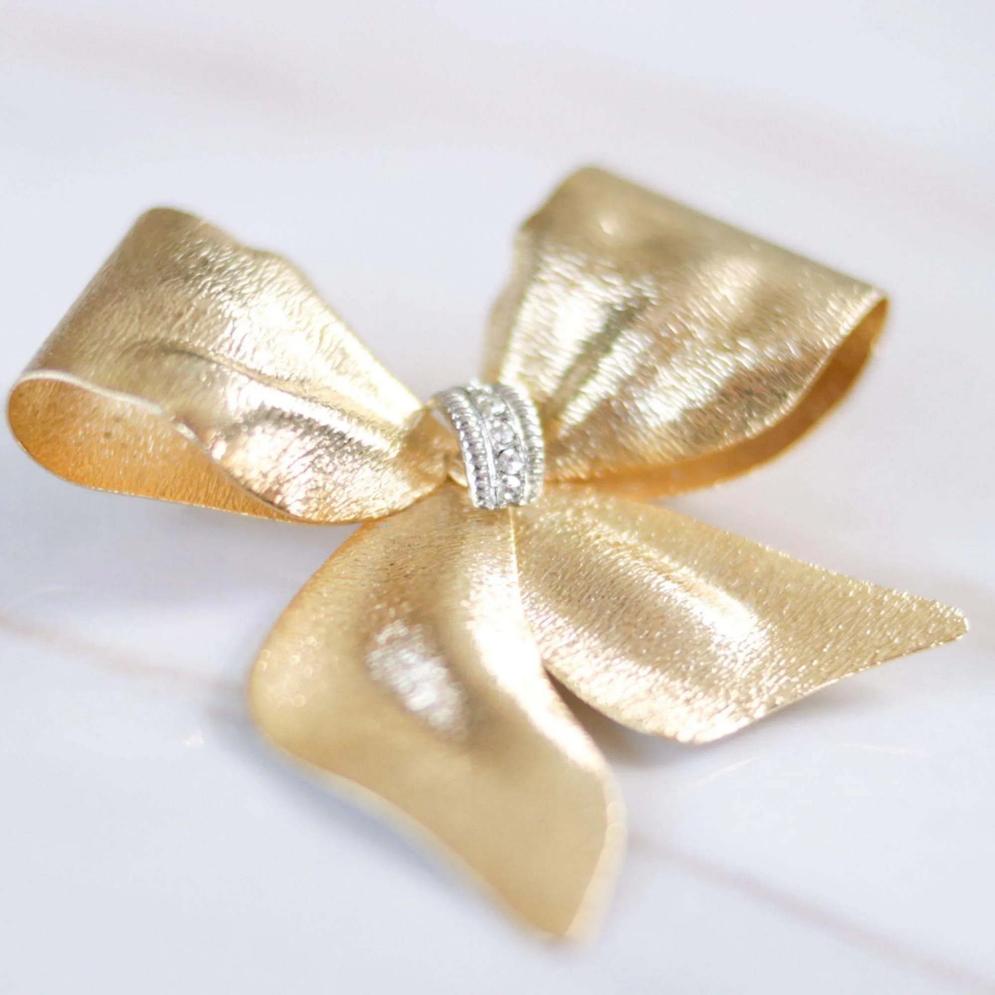 Vintage Gold Bow Brooch with Rhinestones