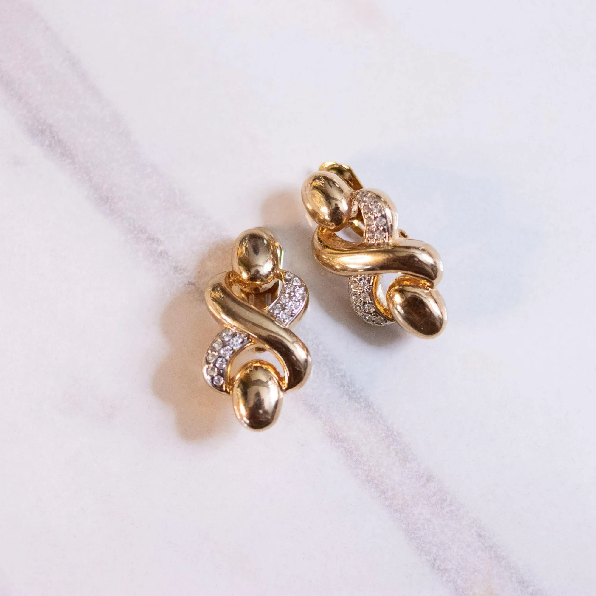 Vintage Gold Swirl Doorknocker Pave Rhinestone Statement Earrings
