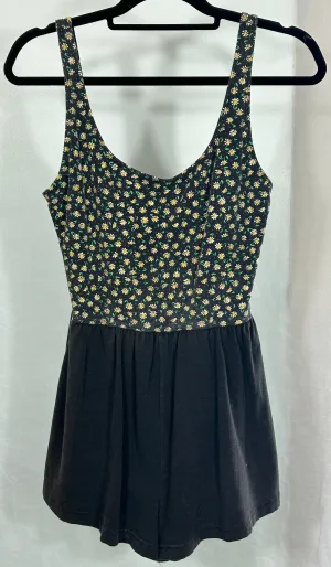 Vintage HONORS Black Daisy Print Romper Dress | Size 15 | Built-In Shelf Bra | Made in Taiwan