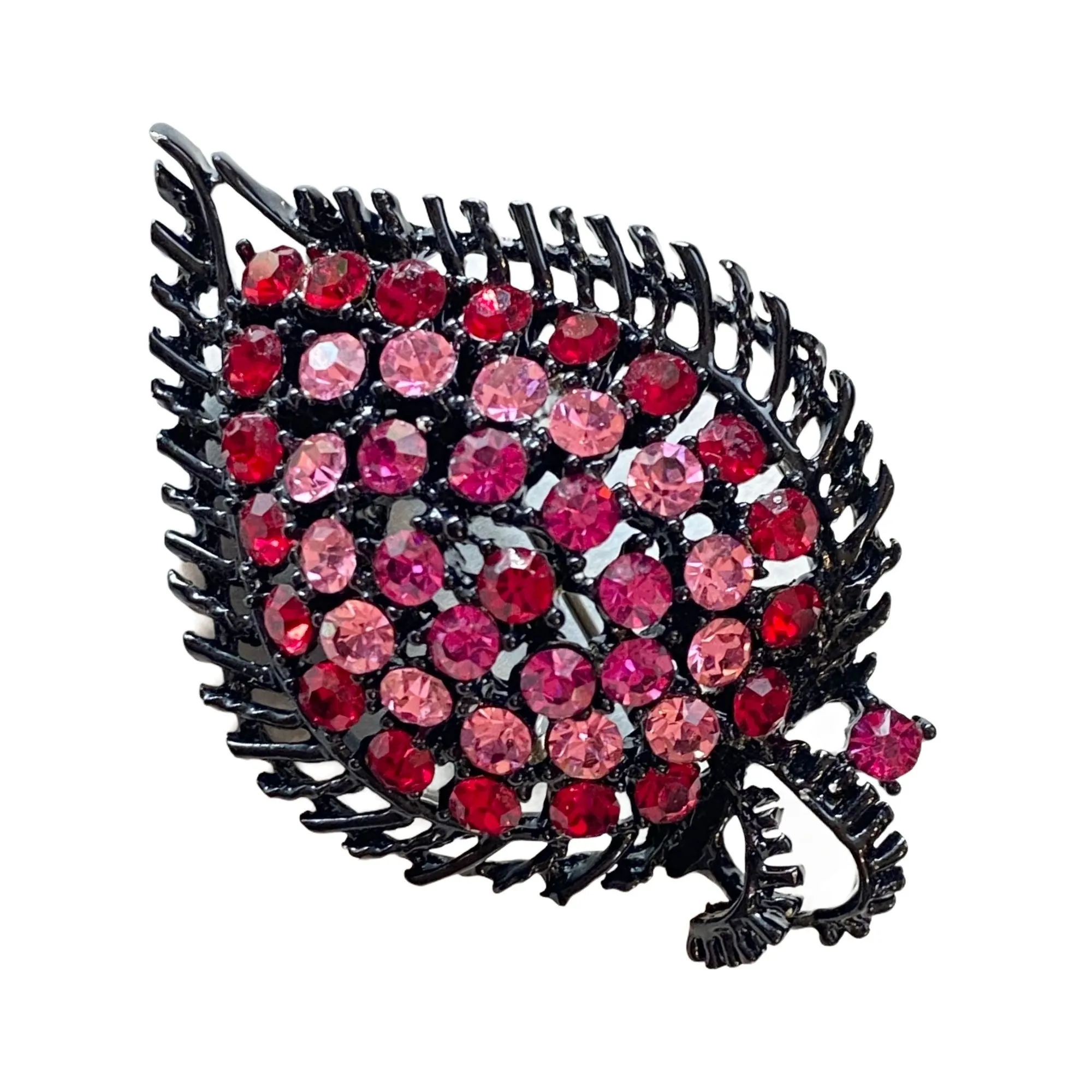 Vintage Light and Hot Pink Rhinestone Leaf Brooch