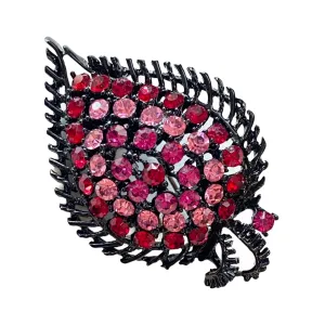 Vintage Light and Hot Pink Rhinestone Leaf Brooch