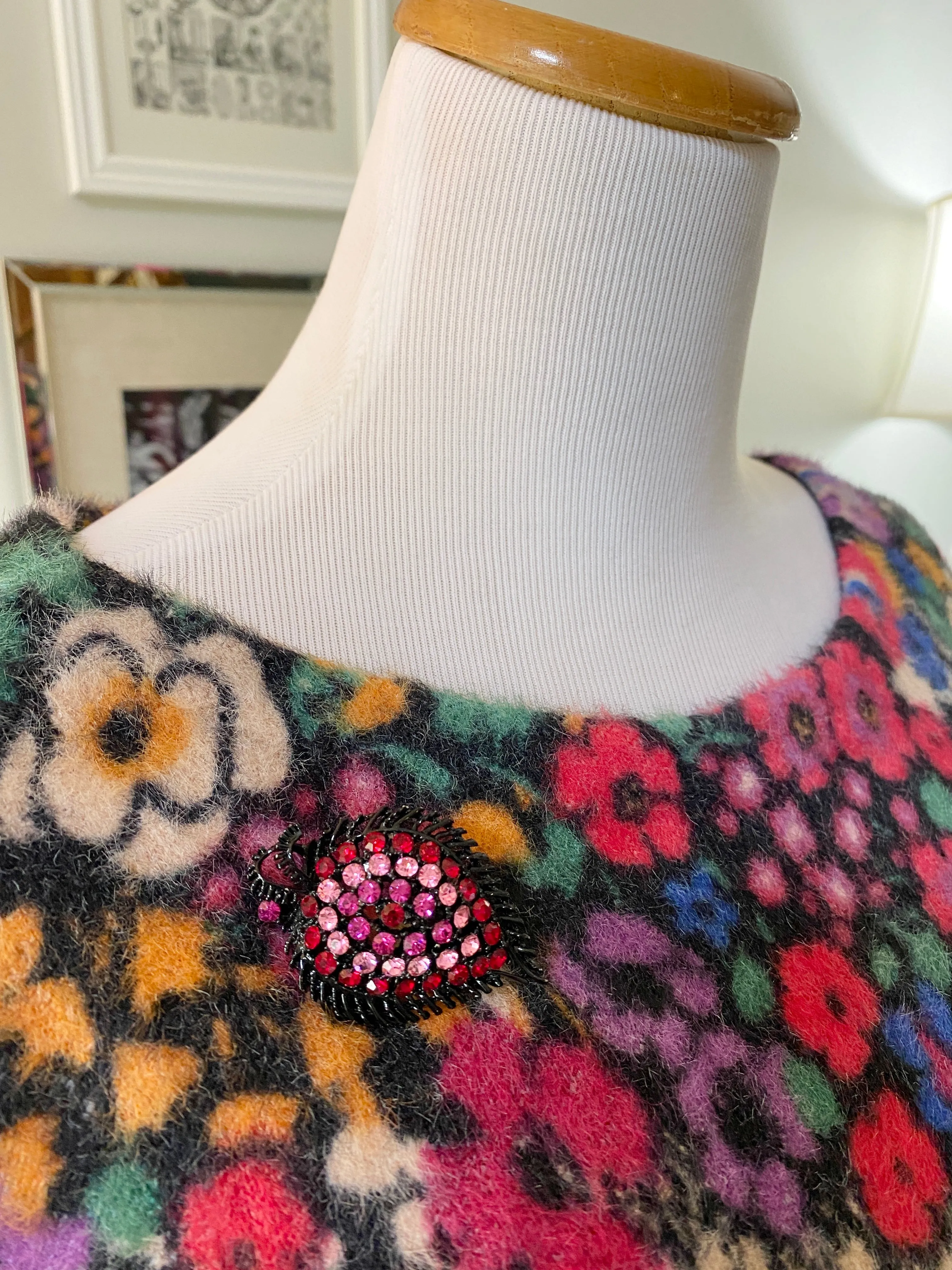 Vintage Light and Hot Pink Rhinestone Leaf Brooch